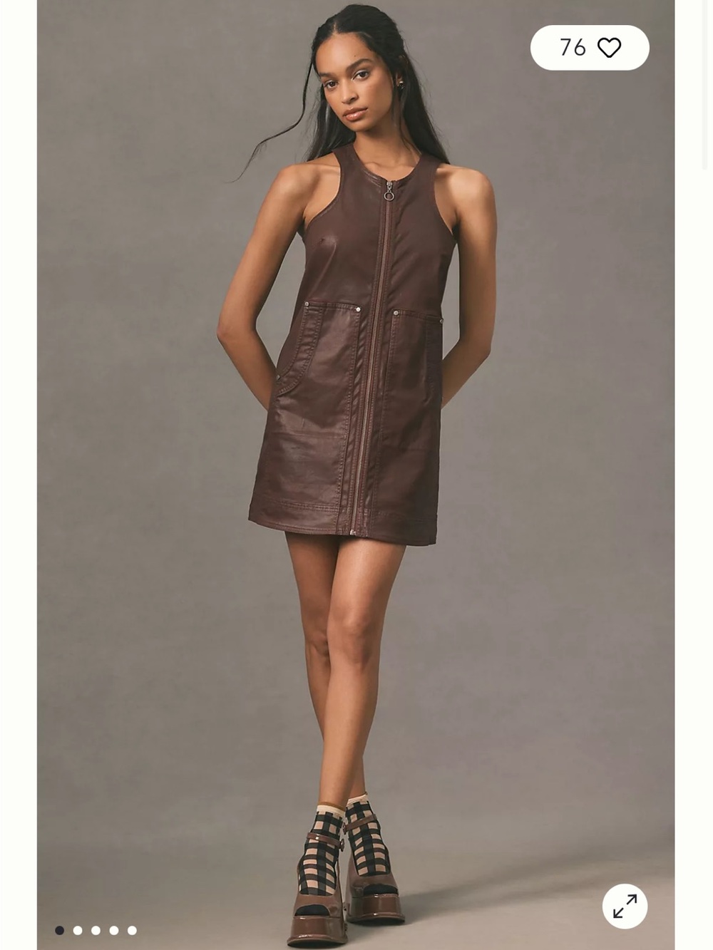 Pilcro by Anthropologie Coated Crewneck Zip-Front Mini Dress in Red/Brown